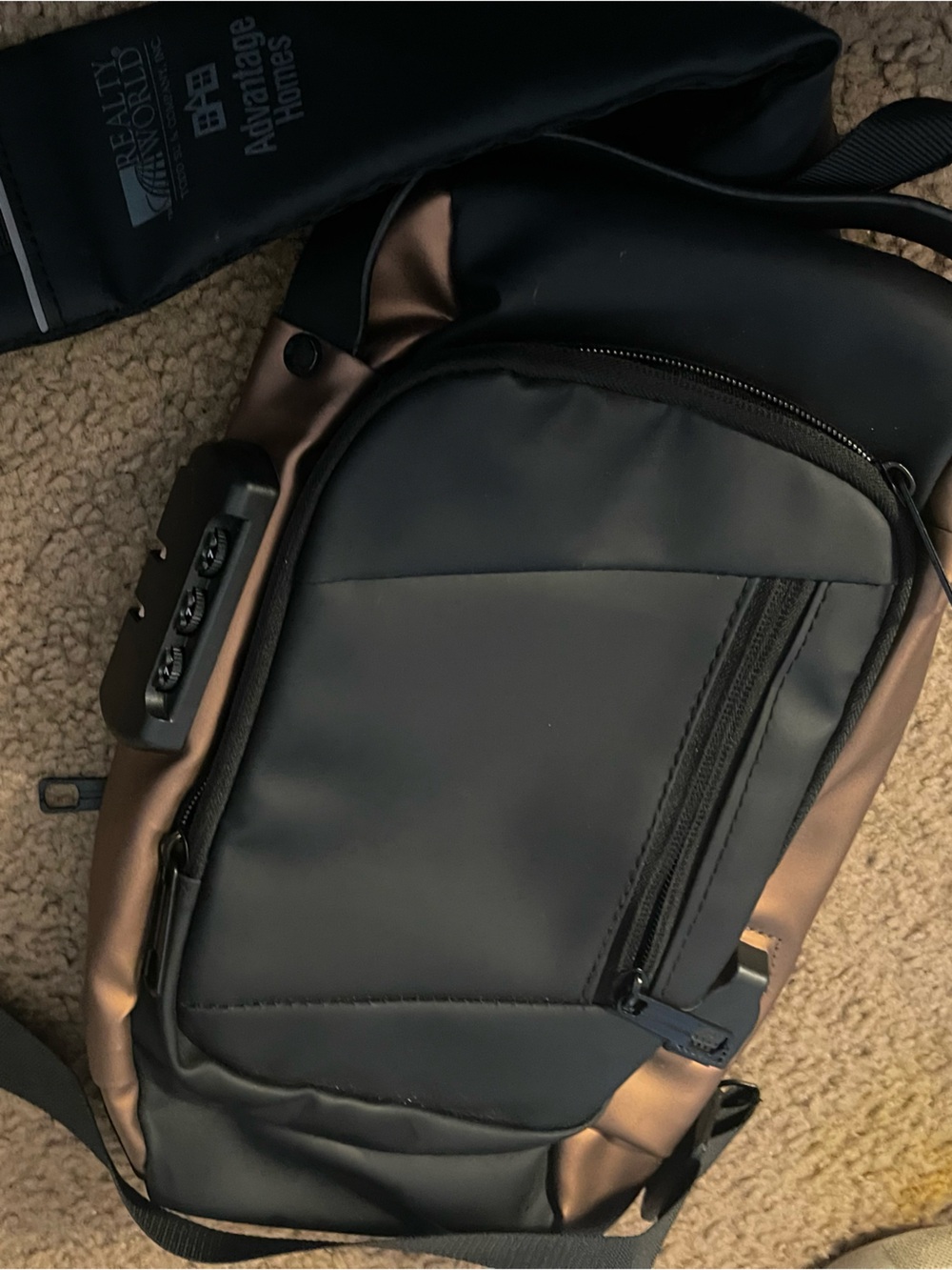 Men's Black and Bronze Travel Sling Bag with Combination Lock
